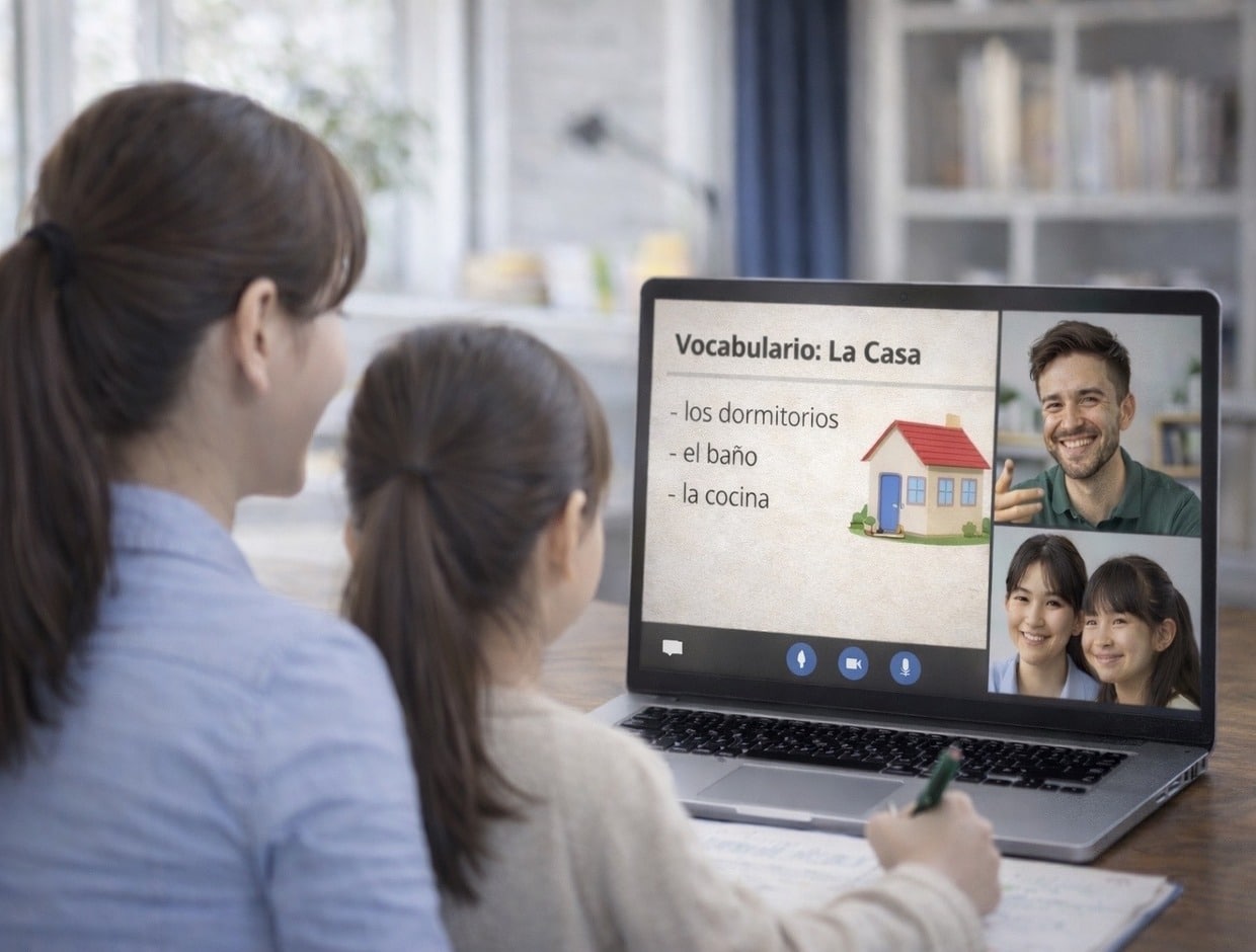 Mother and daughter taking online Spanish Lesson with a teacher on screen