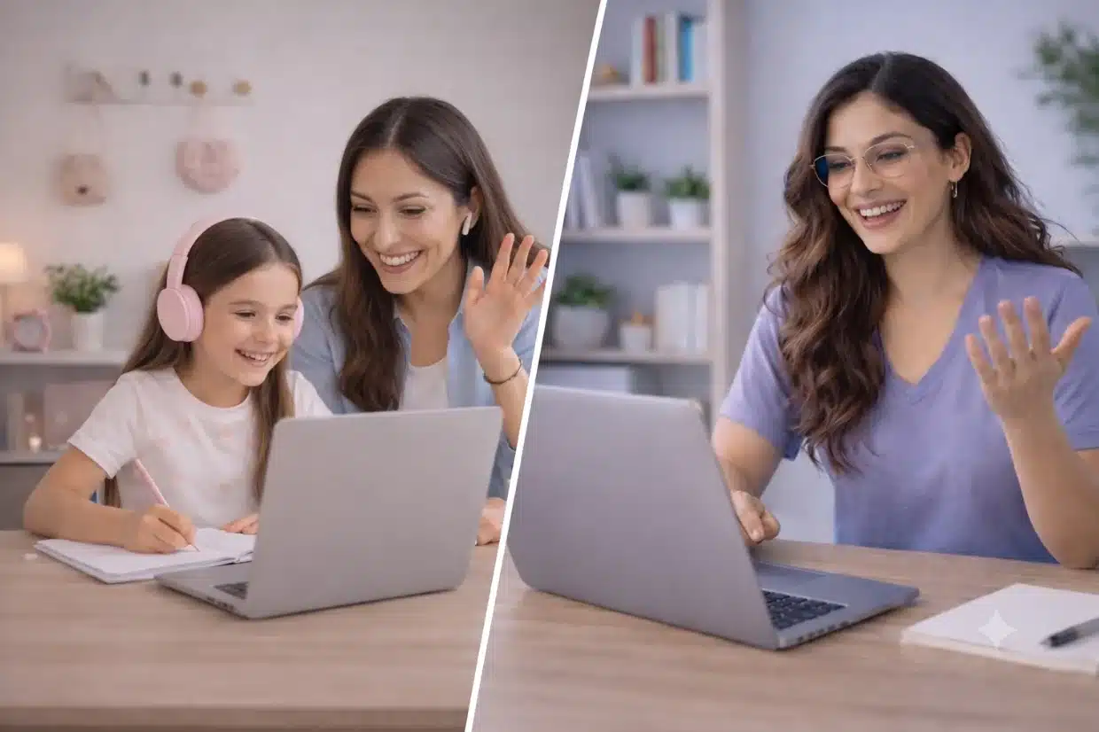 Online Spanish class for kids with a native teacher, young student, and parent during a live video lesson
