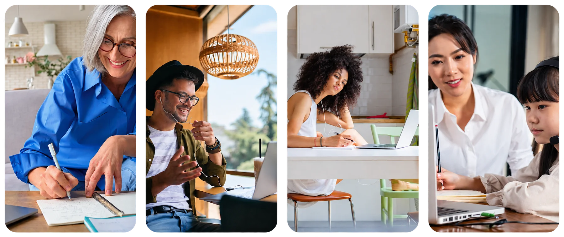 Four scenes showing adults, teens, and children learning Spanish online through personalized lessons with Lumicios Spanish